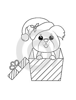 Coloring page with little puppy in the gift box with santa\'s cap, animal black and white.