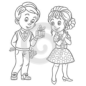 Coloring page with lovely couple on Valentines Day