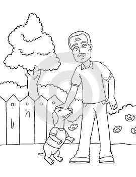 coloring page a man strokes a dog\'s head