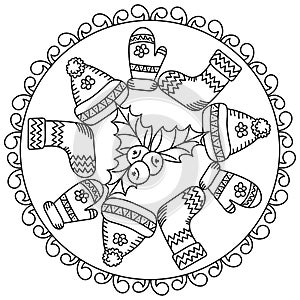 Coloring page mandala for kids. Winter coloring book with warm knitted mittens, hat, socks and Holly leaves and berries.