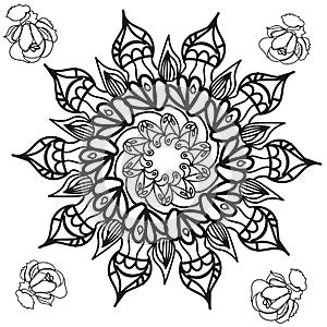 coloring page with mandala and roses, for adult coloring book, hand drawn illustration