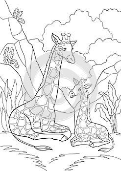 Coloring page. Mother giraffe with long neck lays with her little cute baby and smiles