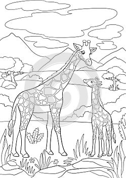 Coloring page. Mother giraffe with long neck stands with her little cute baby and smiles