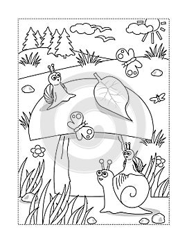 Coloring page with mushroom and snails