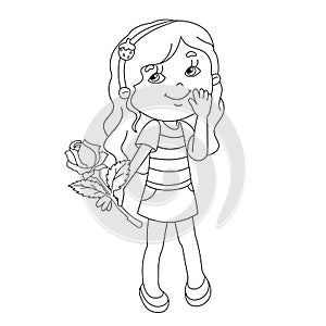 Coloring page outline of Beautiful girl with rose in hand