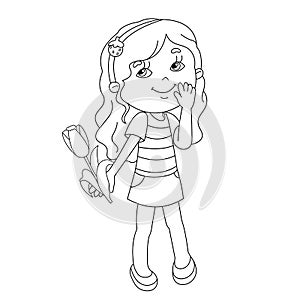 Coloring page outline of Beautiful girl with Tulip in hand