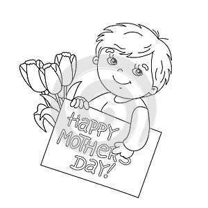 Coloring page outline of boy with card for Mother's Day