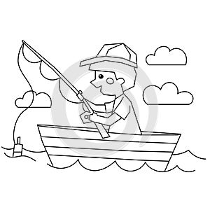 Coloring Page Outline Of a Boy fisherman with a fishing rod in boat. Coloring book for kids
