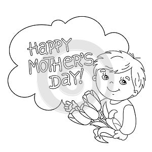 Coloring page outline of boy with flowers. Mother's Day.