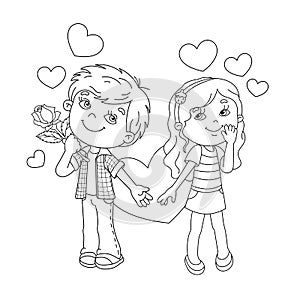 Coloring Page Outline Of Boy and girl with hearts