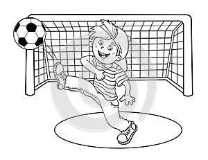 Coloring Page Outline Of A Boy kicking a soccer ball