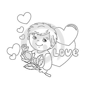 Coloring page outline of boy with rose in hand with hearts