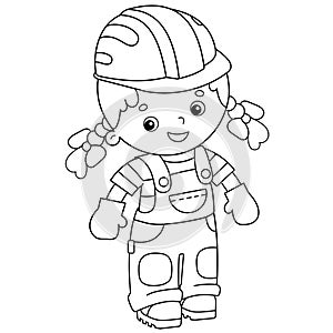 Coloring Page Outline of builder girl in hardhat. Profession. Coloring book for kids