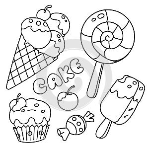 Coloring Page Outline Of candy, ice cream and cupcake. Food and sweetness. Coloring book for kids photo