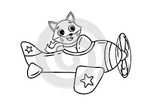 Coloring page outline of cartoon biplane with fox animal. Vector image on white background. Coloring book of transport for kids