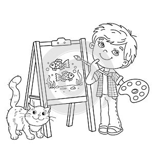 Coloring Page Outline Of cartoon boy with brush, paints and cat. Little artist at the easel drawing color fishes. Coloring book