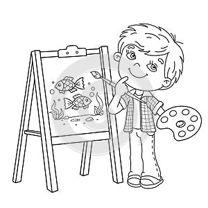 Coloring Page Outline Of cartoon boy with brush and paints. Little artist at the easel drawing color fishes. Coloring book for