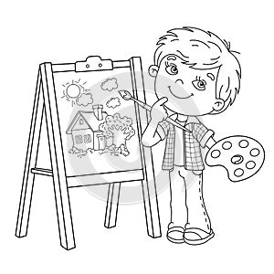 Coloring Page Outline Of cartoon boy with brush and paints. Little artist at the easel drawing cute house. Coloring book for kids