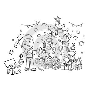 Coloring Page Outline Of cartoon boy decorating the Christmas tree with ornaments and gifts. Christmas. New year