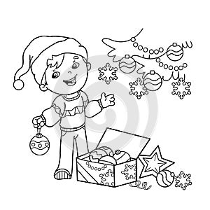 Coloring Page Outline Of cartoon boy decorating the Christmas tree with ornaments and gifts. Christmas. New year. Coloring book fo