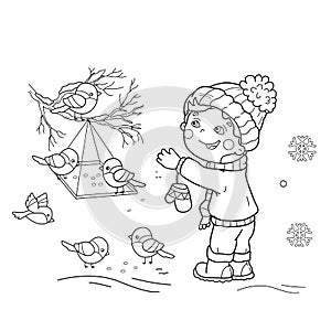 Coloring Page Outline Of cartoon boy feeding birds. Bird feeder.