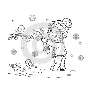 Coloring Page Outline Of cartoon boy feeding birds. Winter.