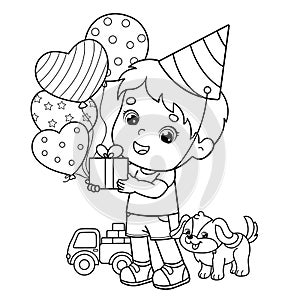 Coloring Page Outline Of a cartoon boy with gifts and balloons and with little dog. Birthday. Coloring book for kids