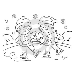 Coloring Page Outline Of cartoon boy with girl skating. Winter sports