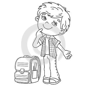 Coloring Page Outline Of cartoon boy with satchel. Little student or schooler. School. Coloring book for kids