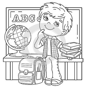 Coloring Page Outline Of cartoon boy with school supplies. Little student or schooler with globe, books and satchel. School.