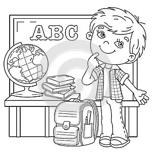 Coloring Page Outline Of cartoon boy with school supplies. Little student or schooler with globe, books and satchel. School.