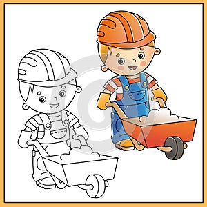 Coloring Page Outline of cartoon builder or worker with hand cart. Profession. Coloring book for kids