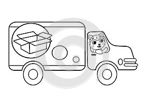 Coloring page outline of cartoon cargo delivery truck with animal. Vector image on white background. Coloring book of transport