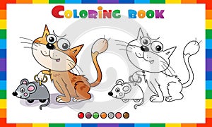 Coloring Page Outline Of cartoon cat with toy clockwork mouse. Coloring Book for kids