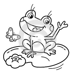 Coloring Page Outline Of cartoon cheerful frog on water lily with butterfly. Coloring Book for kids