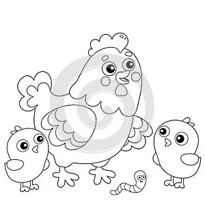 Coloring Page Outline of cartoon chicken or hen with chicks. Farm animals. Coloring book for kids