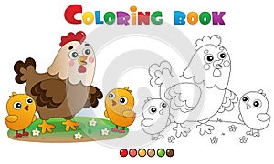 Coloring Page Outline of cartoon chicken or hen with chicks. Farm animals. Coloring book for kids