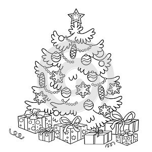 Coloring Page Outline Of cartoon Christmas tree with ornaments and gifts.