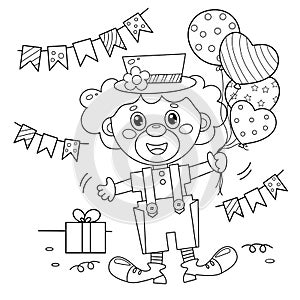 Coloring Page Outline of cartoon circus clown with balloons and gifts. Birthday. Coloring Book for kids