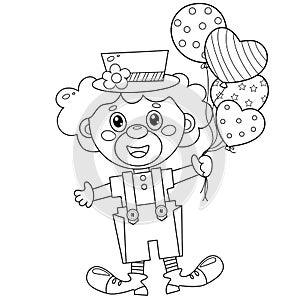 Coloring Page Outline of cartoon circus clown with balloons and gifts. Birthday. Coloring Book for kids