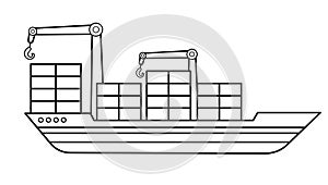 Coloring page outline of cartoon container ship. Vector image on white background. Coloring book of transport for kids