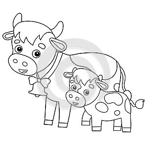 Coloring Page Outline of cartoon cow with calf. Farm animals. Coloring book for kids