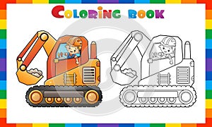 Coloring Page Outline Of cartoon crawler excavator with worker. Construction vehicles. Coloring book for kids