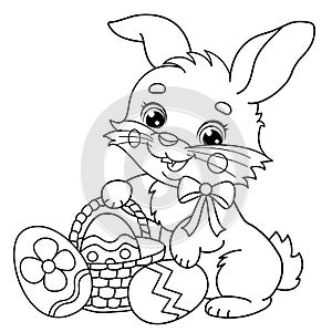 Coloring Page Outline Of cartoon cute Easter bunny with a basket of eggs and sweets. Coloring Book for kids