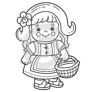 Coloring Page Outline Of cartoon cute girl with basket.  Little red riding hood. Fairy tale hero. Coloring Book for kids