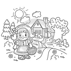 Coloring Page Outline Of cartoon cute girl with basket walking home along the path. Little red riding hood. Fairy tale. Fabulous