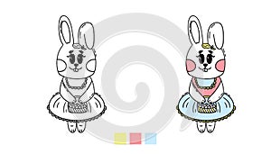 Coloring page outline of cartoon cute little girl rabbit