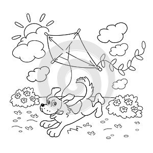 Coloring Page Outline Of cartoon dog with a kite. Coloring book