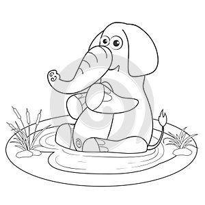 Coloring page outline of cartoon elephant in lake. Page for coloring book of funny elephant for kids. Activity colorless picture
