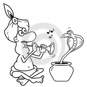 Coloring Page Outline of cartoon Fakir or snake Charmer with serpent. Coloring book for kids